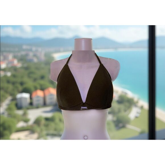 Shade & Shore Olive Green Plunge Ribbed Bikini Top Size 36D - Picture 1 of 7